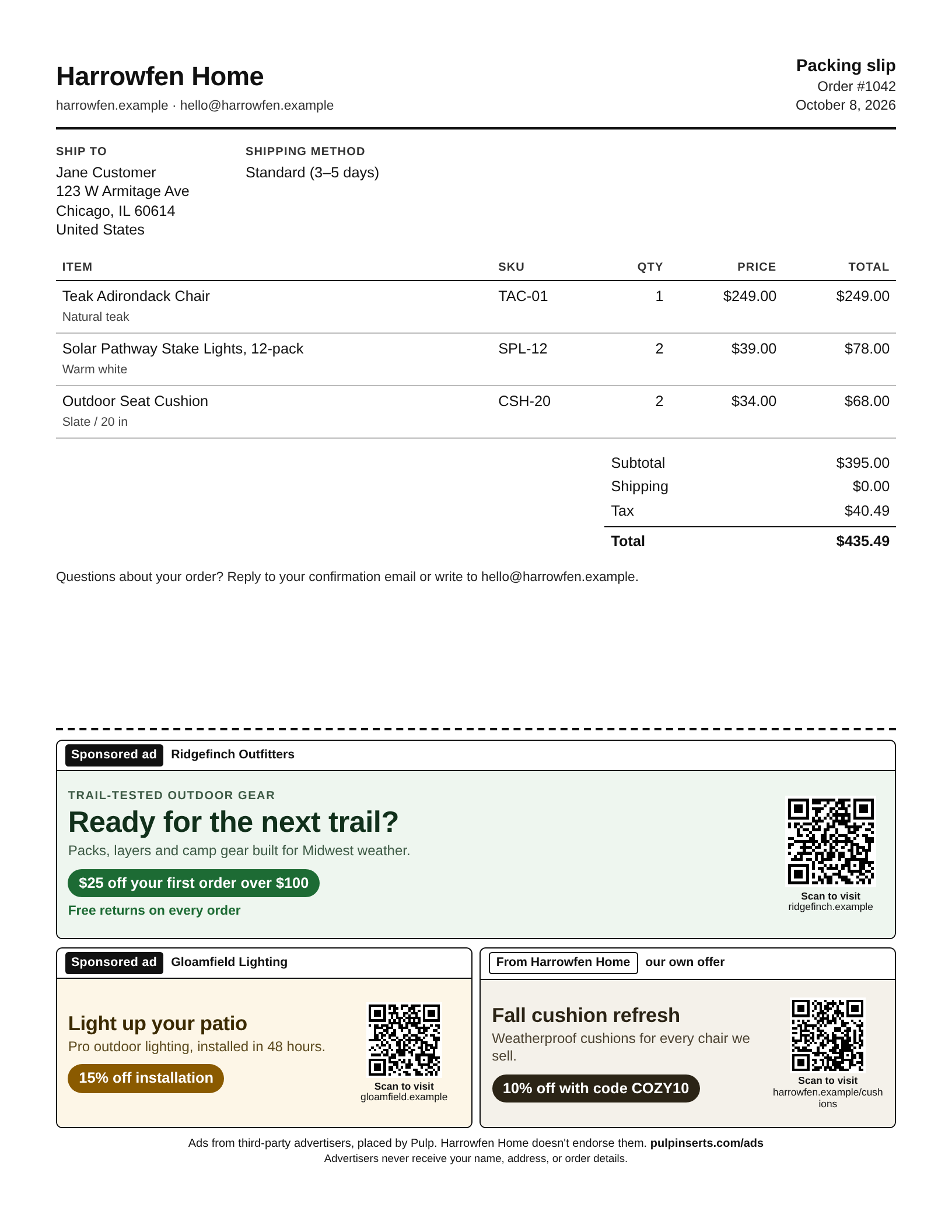 Sample packing slip from a fictional store, Harrowfen Home. Order details fill the top. Below a dashed line: an outdoor gear offer and a lighting offer, each labeled “Sponsored ad,” and in the third slot the store’s own promo, labeled “From Harrowfen Home,” offering 10% off cushions. A footer says the ads are from third-party advertisers placed by Pulp.